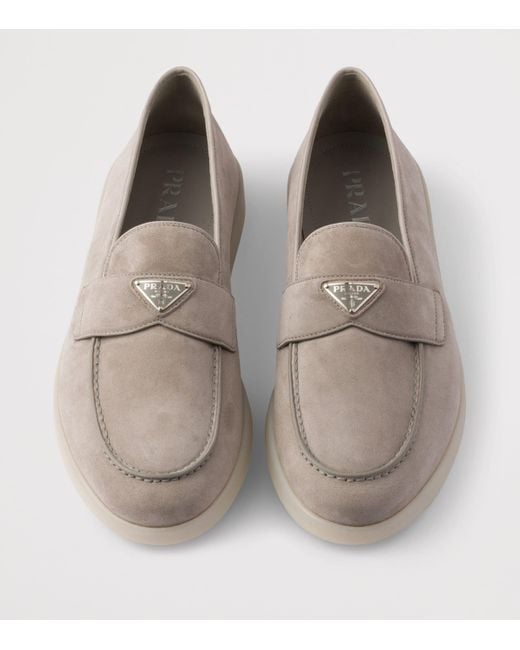 Prada Gray Suede Triangle Loafers for men