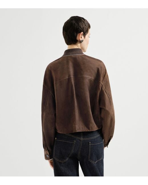 Brunello Cucinelli Brown Suede Monili Bomber Jacket