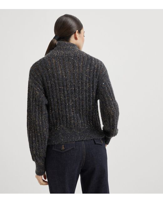 Brunello Cucinelli Black Sequin-Embellished High-Neck Cardigan