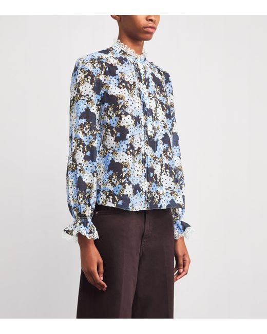 ME+EM Blue Cotton-Silk Meadow Print Blouse