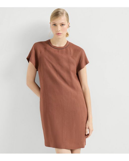 Brunello Cucinelli Brown Twill Monili-Detail Mini Dress