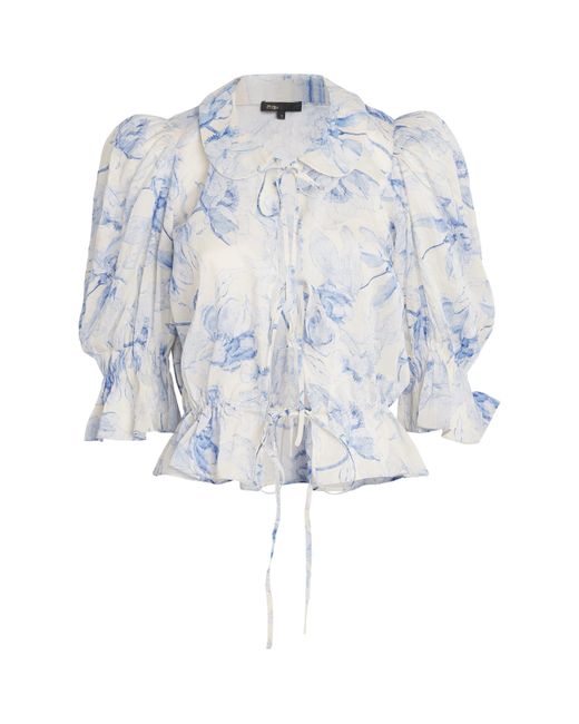 Maje Blue Linen-Blend Floral Blouse
