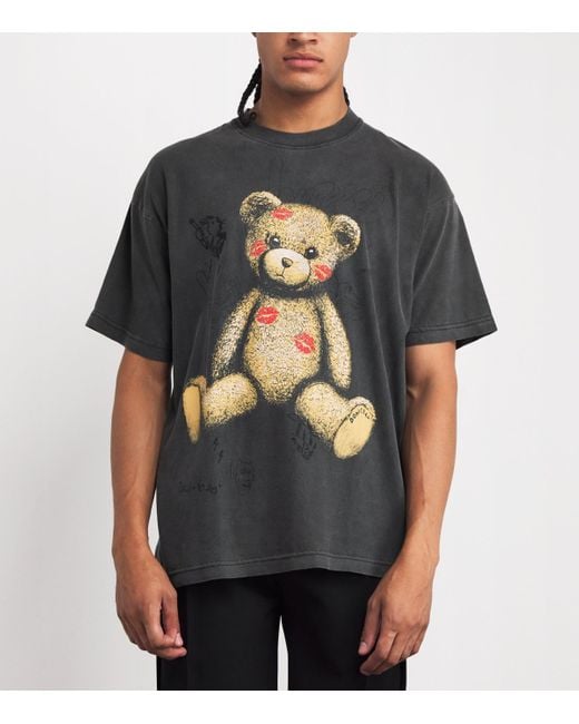DOMREBEL Black Cotton Teddy Print Kiss T-Shirt for men