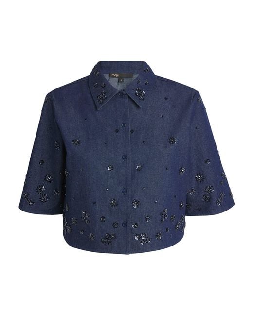 Maje Blue Denim Embellished Cropped Shirt