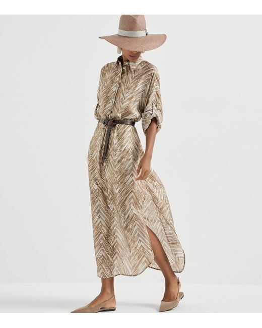 Brunello Cucinelli Natural Silk Chevron Shirt Dress