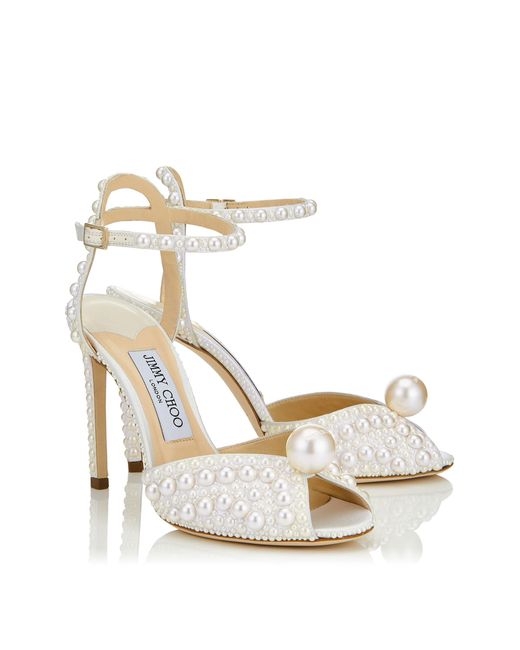 Jimmy Choo White Sacora 100 Satin Pearl Sandals