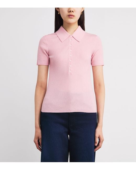 Maje Pink Wool-Silk Ribbed Polo Sweater