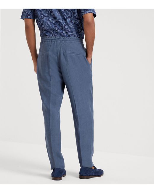 Brunello Cucinelli Blue Linen Pleated Slim Trousers for men