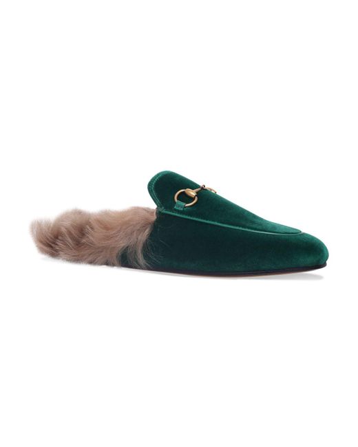 Gucci Green Velvet Fur Princetown Slippers