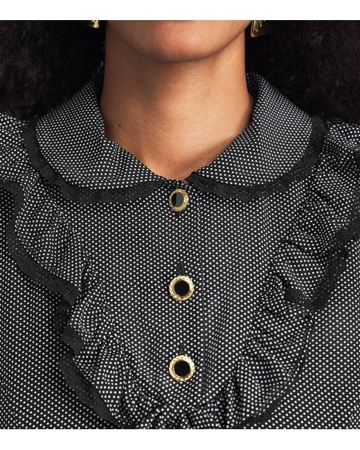 Alessandra Rich Black Silk Polka-Dot Collared Midi Dress