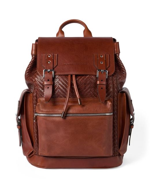 Brunello Cucinelli Brown Leather Woven Backpack for men