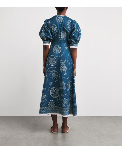ALÉMAIS Blue Linen Printed Lucky Midi Dress