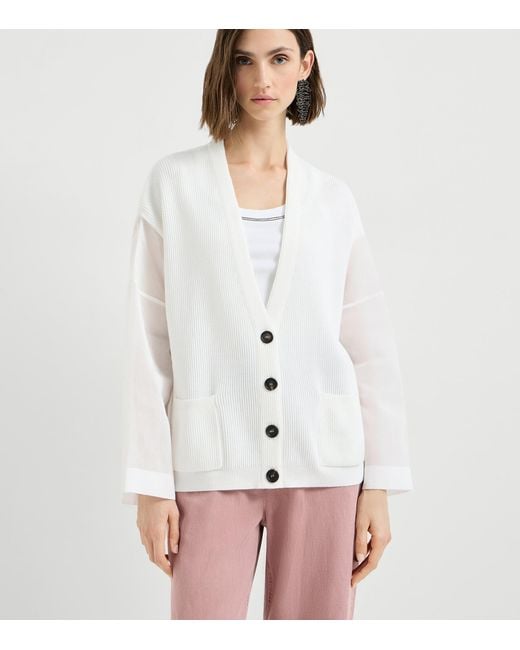 Brunello Cucinelli White Cotton Organza-Sleeve Cardigan