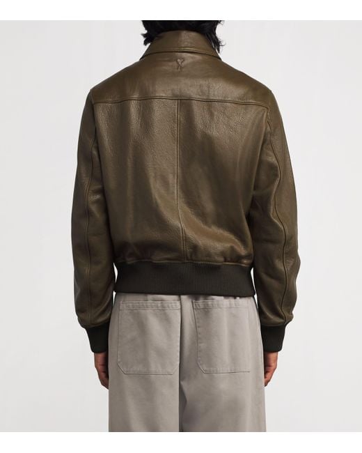 AMI Green Leather Collar Bomber Jacket for men