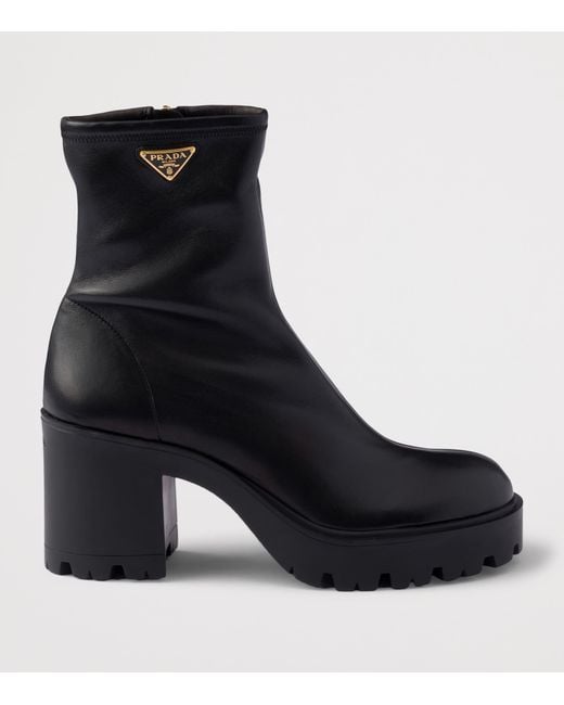 Prada Black Nappa Leather Logo Stretch Booties Ankle Boots 85