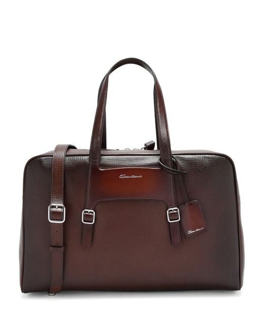 Santoni Brown Leather Weekend Bag for men