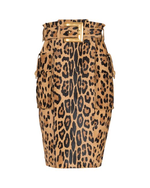 Balmain Natural Calfskin Leopard Midi Skirt