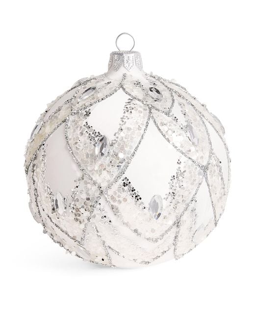 Harrods White Glass Glitter Flower Bauble