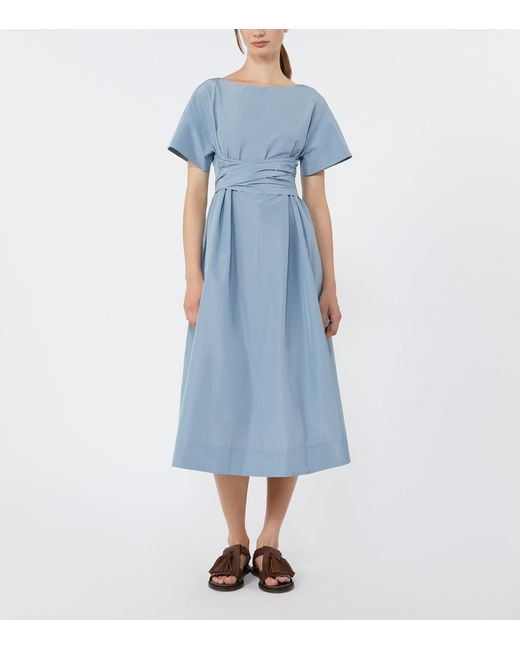Max Mara Blue Taffeta Gathered Midi Dress