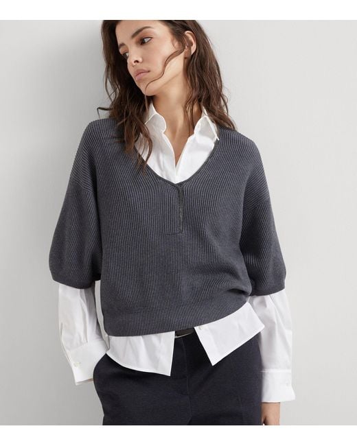 Brunello Cucinelli Blue Cotton Short-sleeve Sweater