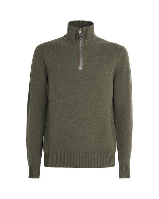 James Purdey & Sons Green Cashmere Leather Trim Quarter-Zip Sweater for men