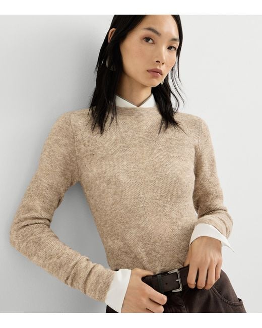 Brunello Cucinelli Natural Silk-Alpaca-Wool Lace-Detail Sweater