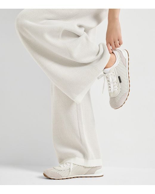 Brunello Cucinelli White Leather Net-Trim Sneakers