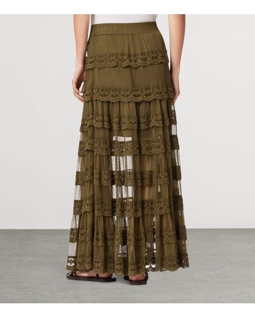 AllSaints Green Lace Tiered Maggie Maxi Skirt
