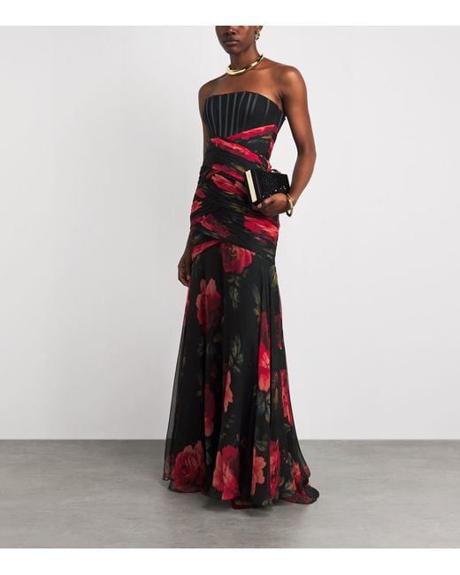 Carolina Herrera Red Silk Chiffon Floral Bustier Gown