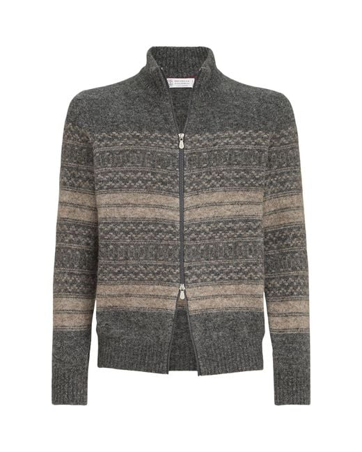 Brunello Cucinelli Gray Jacquard High-Neck Zip Cardigan for men