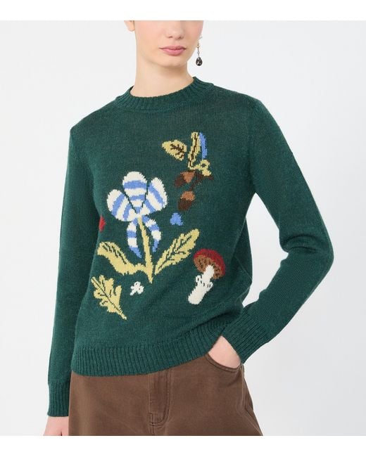 Weekend by Maxmara Green Alpaca-Wool-Blend Floral Sweater