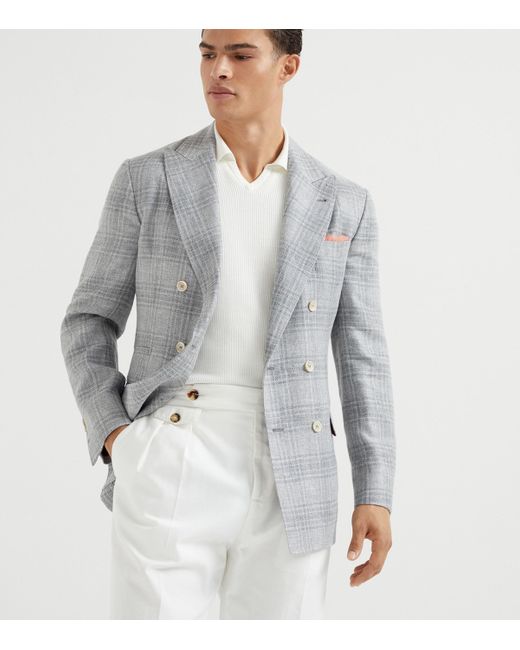 Brunello Cucinelli Gray Linen-Wool-Silk Prince-Of-Wales Blazer