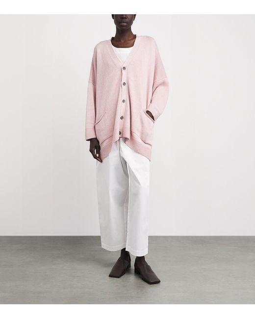Eskandar Pink Linen-Organic Cotton V-Neck Cardigan