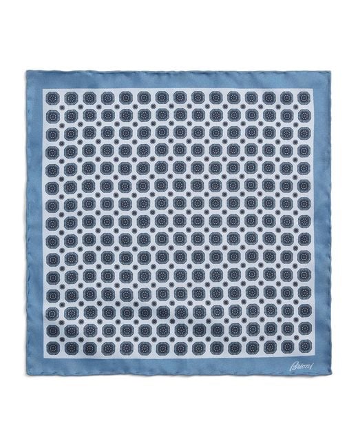 Brioni Blue Silk Geometric Print Pocket Square for men
