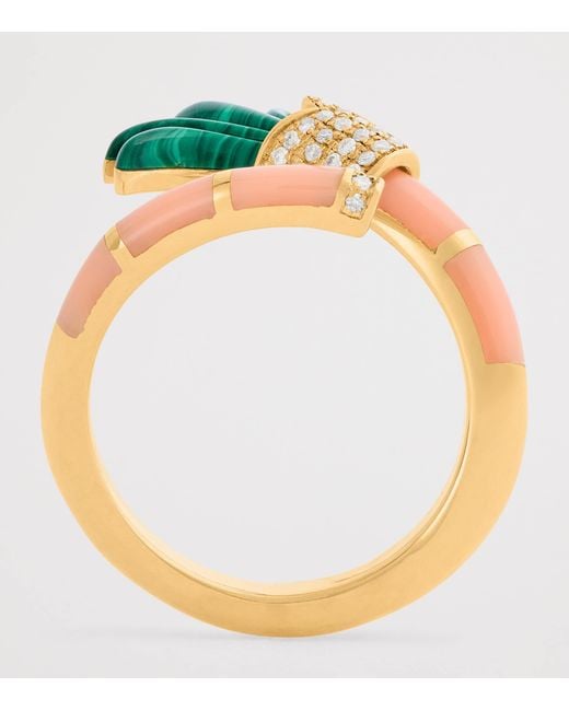 L'Atelier Nawbar Metallic Diamond, Malachite And Coral On A Vine Psychedeliah Ring