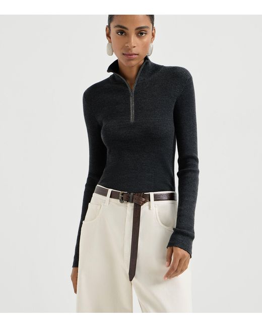 Brunello Cucinelli Black Virgin Wool-Cashmere Half-Zip Sweater