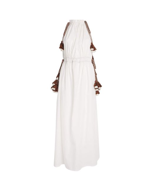Escvdo White Cotton Tassel Mati Maxi Dress