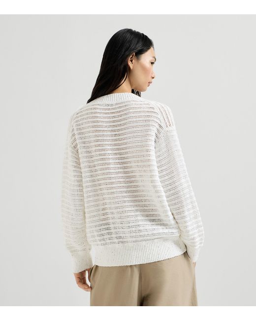 Brunello Cucinelli White Linen-Blend Dazzling Sweater