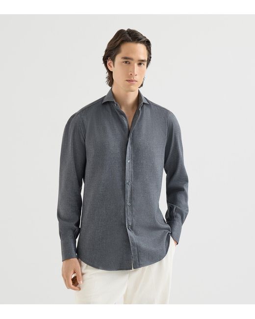 Brunello Cucinelli Gray Cotton-Blend Flannel Shirt for men
