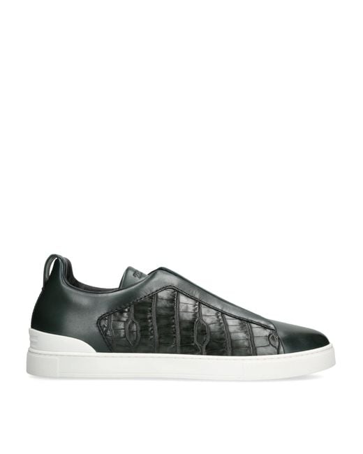 Zegna Green Crocodile Leather Triple Stitch Sneakers for men