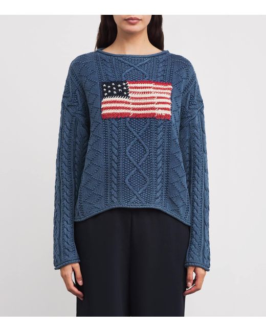 Polo Ralph Lauren Blue Cotton Aran-Knit Flag Sweater