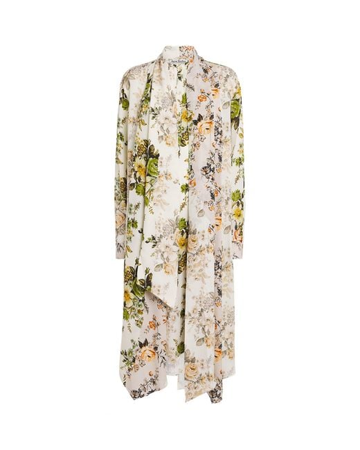 Acne Metallic Silk Floral Tie-Neck Midi Dress