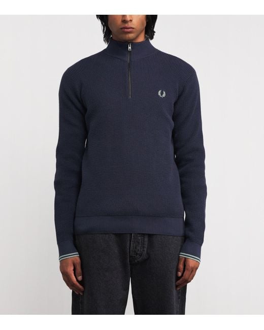 Fred Perry Blue Cotton Waffle Stitch Quarter-Zip Sweater for men
