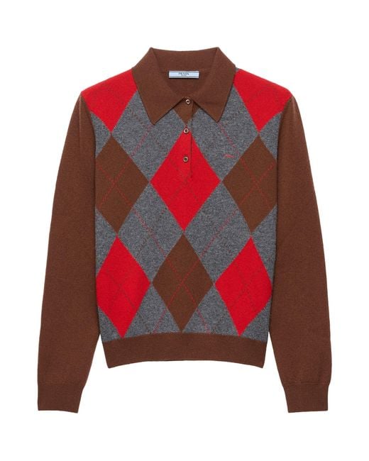Prada Red Cashmere Argyle Polo Sweater