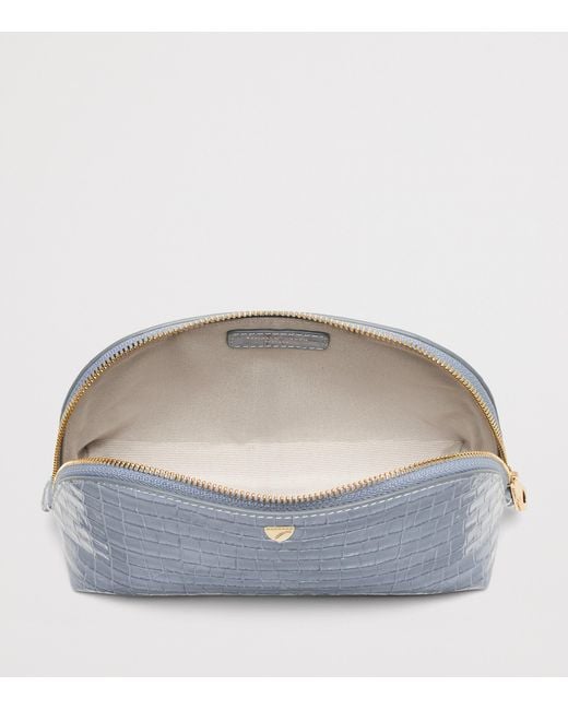 Aspinal Blue Small Leather Croc-Embossed Cosmetic Case
