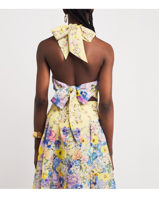 Camilla Metallic Linen-Silk Darling Buds Halter Top