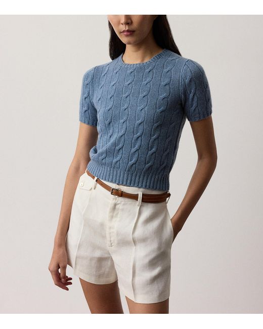 Ralph Lauren Blue Cashmere Cable-Knit Cropped Sweater