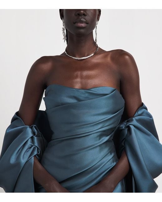 Marmar Halim Blue Satin Cape Column Gown
