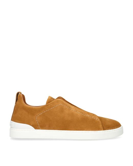 Zegna Brown Suede Triple Stitch Sneakers for men