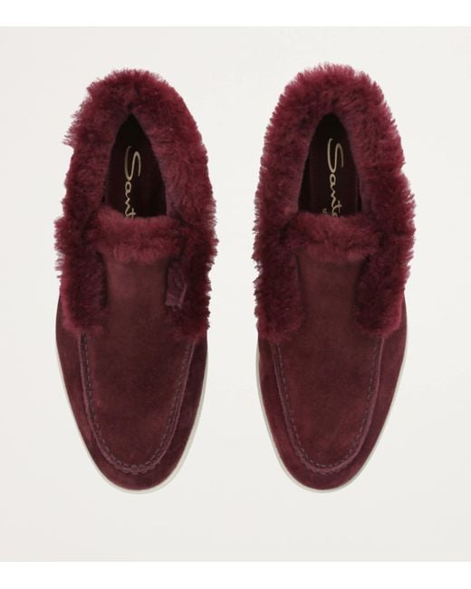 Santoni Red Suede Fur-Trim Fortune Ankle Boots